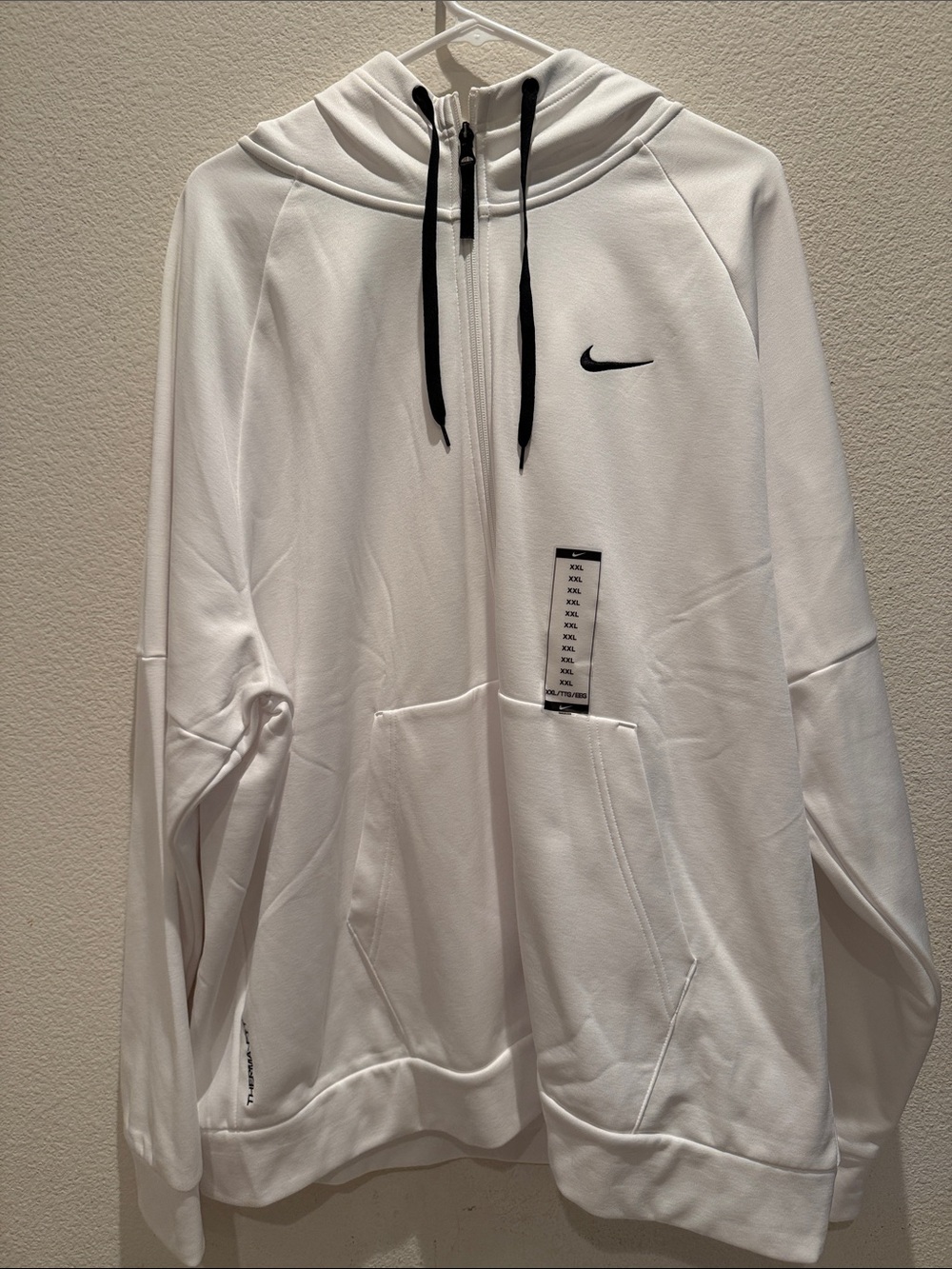 Nike White Full-Zip Hoodie with Black Swoosh and Drawstrings